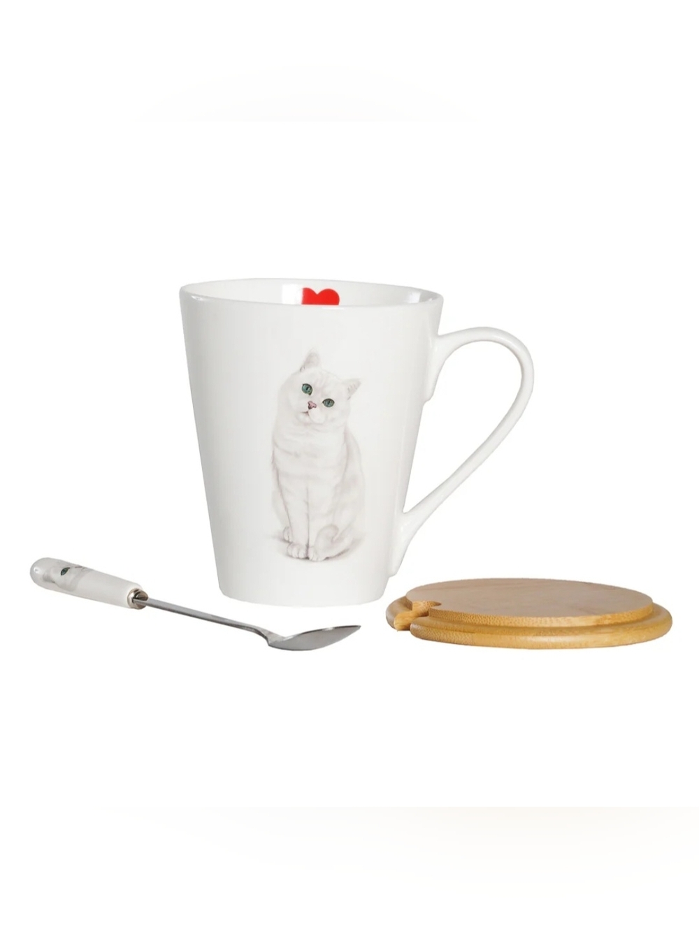 NIB 2pcs Porcelain British Silver Shorthair Cat Coffee Mug W/ Bamboo Lid & Spoon